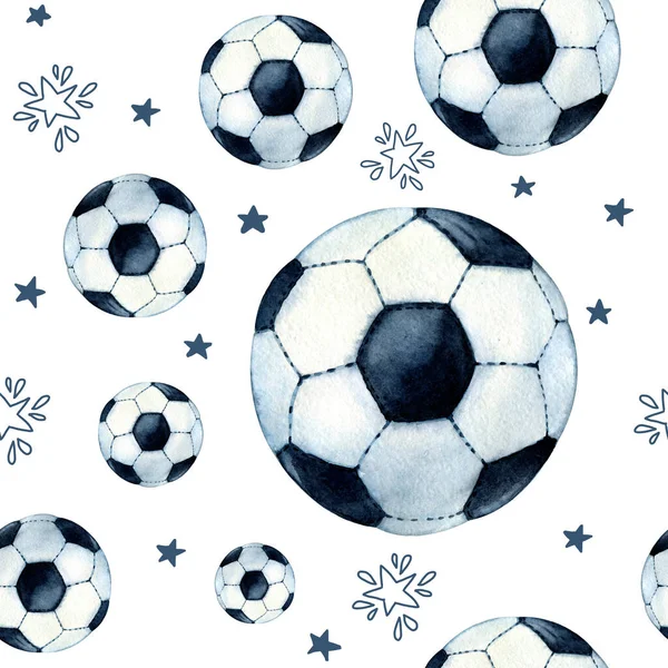 Nahtloses Muster mit fliegenden Fußballbällen und Sternen auf weißem Hintergrund. handgezeichnete Aquarell-Illustration für die Gestaltung eines Sportkonzeptes, Verpackung, Verpackung, Stoff, Tapete, Wand. — Stockfoto