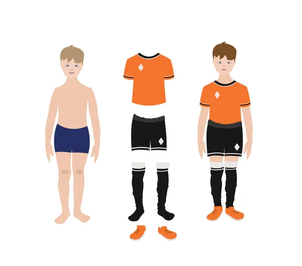 Full height soccer player boy and set of sportswear. A man in clothes and without clothes. Flat cartoon vector illustration. For the design of a sports concept, banner, background, championship. — Stok Vektör