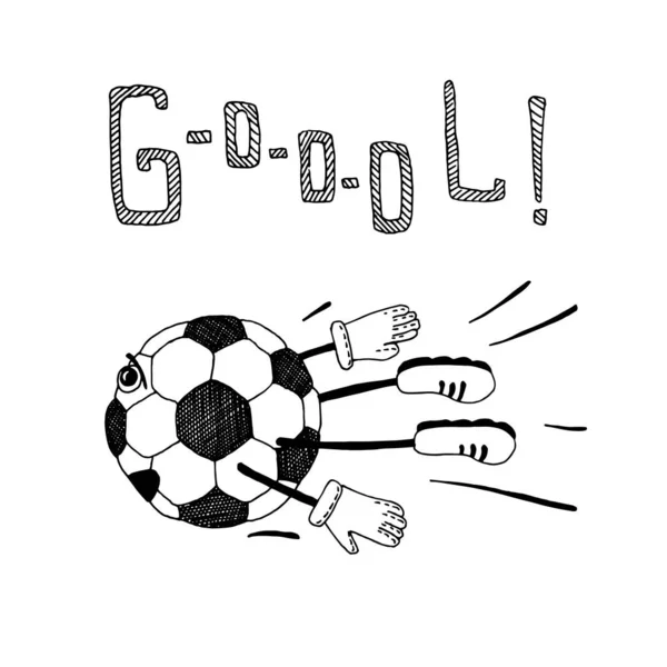 Cartoon soccer ball with a face, emotions, arms and legs flies into the goal net. Hand drawn doodle vector illustration. For the design of sports content, banner, background. — Stok Vektör