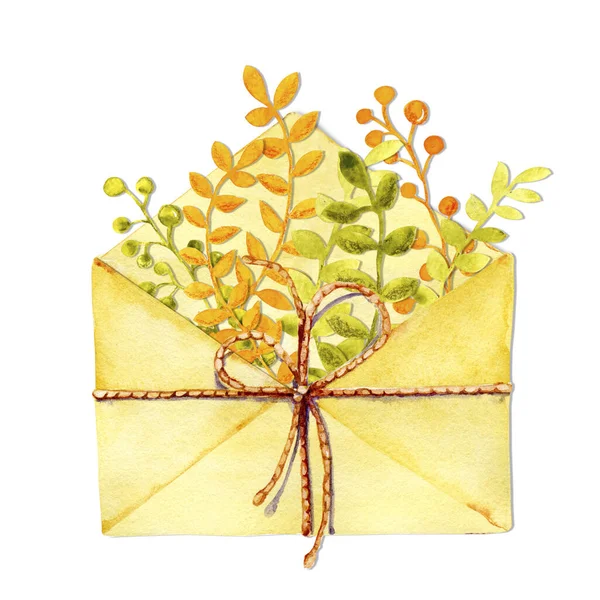 Open de envelop met bloemen en twijgen erin. Hand close-up aquarel illustratie geïsoleerd op witte achtergrond. Ontwerp van de vakantie Valentijnsdag, moederdag, Internationale Vrouwendag. — Stockfoto