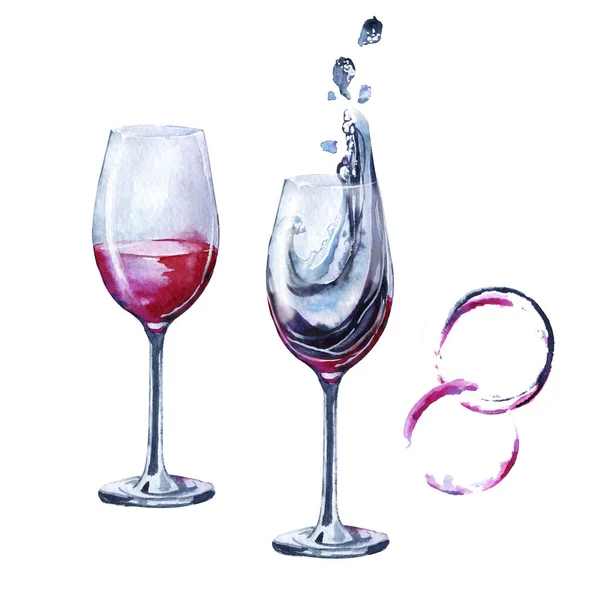 Üvegpohár egy itallal, borral. A hullám az üvegben. Kézzel rajzolt akvarell illusztráció elszigetelt fehér háttér design kávézó, menü, étterem, banner, háttér. — Stock Fotó