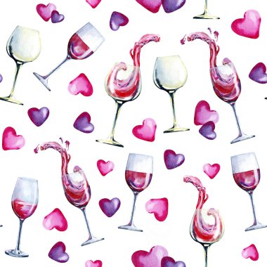 Kusursuz desenli cam kadehle, içkiyle, şarapla. Camdaki ve kalbindeki dalga. El çizimi suluboya çizimi, kafenin, afişin, arkaplanın, duvar kağıdının tasarımı için beyaz arkaplanda izole edilmiş..