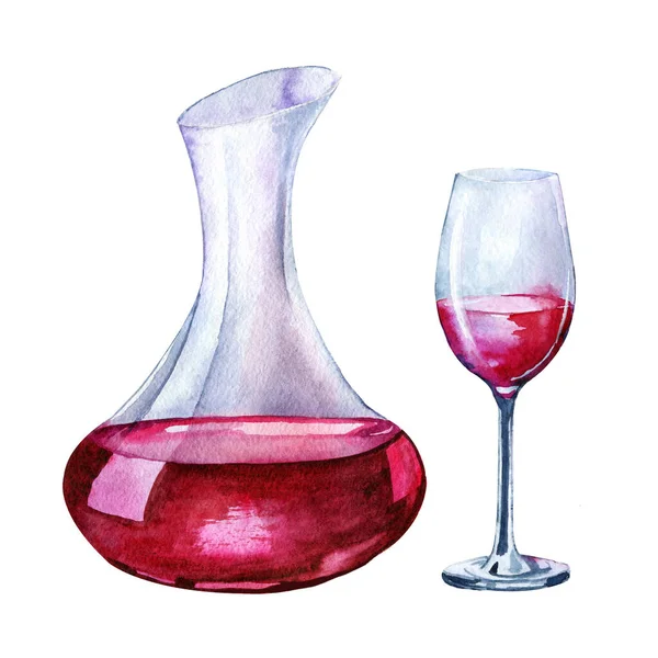 Karafka szklana, karafka i szklanka z czerwonym winem lub napojem. Ręczna ilustracja akwarela izolowana na białym tle. Do projektowania menu, kawiarni, salonów, szablonów, tła. — Zdjęcie stockowe