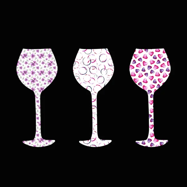 Glass for wine or drink with watercolor patterns. Hand watercolor illustration isolated on a black background. For the design of menus, cafes, lounges, templates, backgrounds. — 스톡 사진