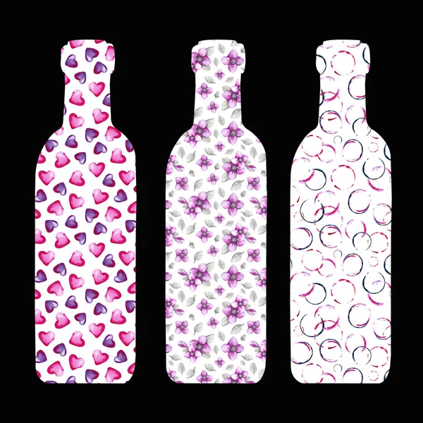 Bottles for wine or drink with watercolor patterns. Hand watercolor illustration isolated on a black background. For the design of menus, cafes, lounges, templates, backgrounds. — 스톡 사진