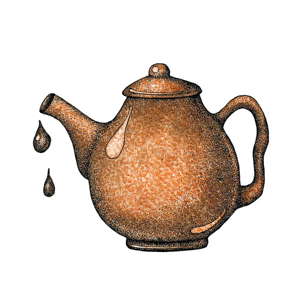 Wasserkocher mit Kaffee oder Tee. Handgezeichnetes Aquarell und grafische Illustration isoliert auf weißem Hintergrund für die Gestaltung des Kaffee-Tee-Konzepts. — Stockfoto