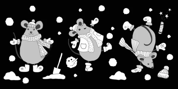 Grappige muizen, ratten symbool van Nieuwjaar 2020, vieren een vakantie in de buurt van de kerstboom en spelen sneeuwballen. Horizontale banner op een zwarte achtergrond. Set Handgetekende vectorillustratie. — Stockvector