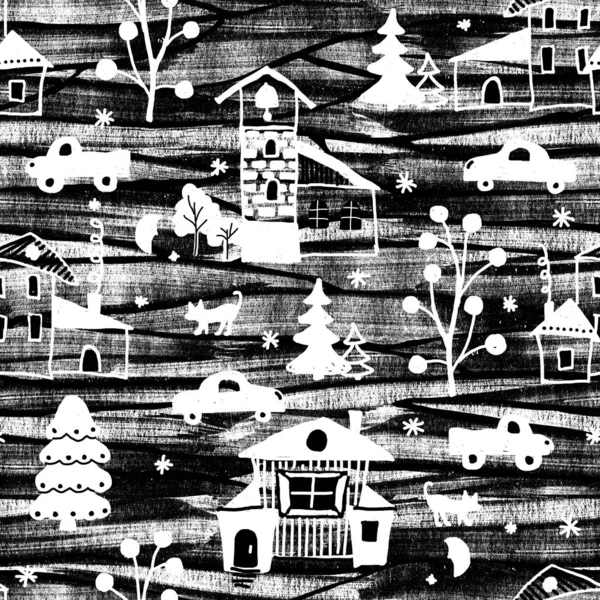 겨울 풍경, 집, 자동차등 바다가 없는 패턴이었습니다. 직물, 벽지, 덮개, 벽, 포장지, 포장을 디자인하기 위해 손으로 만든 흑백 삽화. — 스톡 사진