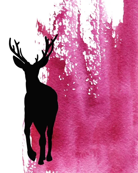Mammal animal, silhouette of an elk, deer on abstract watercolor purple background. Closeup watercolor hand drawn illustration for design of print, banner, label, template, cover. — Stock Photo, Image