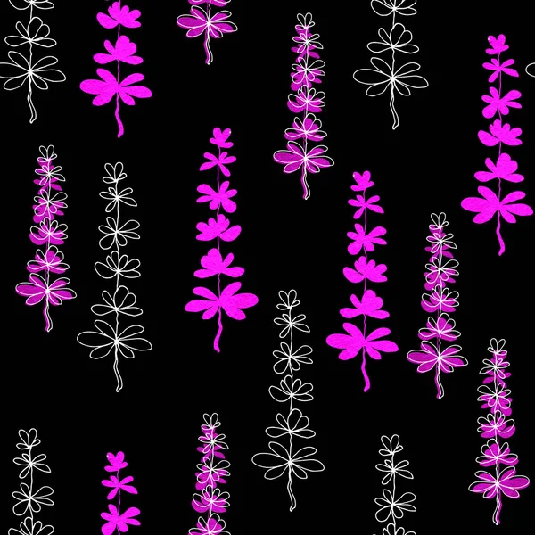 Płynny wzór z delikatnymi kwiatami lawendy i przezroczystymi plamami na czarnym tle. Ręcznie rysowane ilustracja akwarela dla tła projektu, okładka, opakowanie, ślub, szablon. — Zdjęcie stockowe
