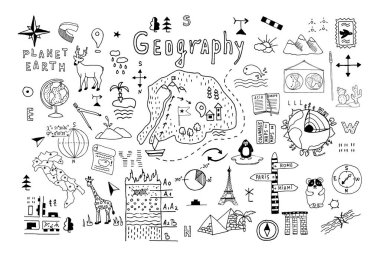 Okulun coğrafya dersi için semboller ve çizimler, beyaz arka planda. El çizimi vektör çizimi çizimi çizimi. Küre, dünya haritası, hayvanlar, işaretler, şemalar. Kapak tasarımı, afiş.