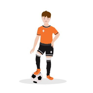 Eşofmanlı çocuk futbolcu büyüyüp topla oynuyor. Vektör çizimi. Spor konsepti, futbol maçı Avrupa 2020, şampiyonluk, genç nesil.