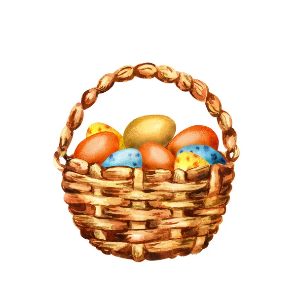Пасхальные яйца в плетеной корзине. Иллюстрация акварелью на белом фоне. Дизайн праздничных продуктов, поздравительные открытки, упаковка, баннер, шаблон, поздравления . — стоковое фото