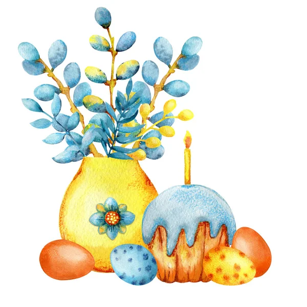 Velikonoce, sváteční košíček se svíčkou, barevnými vejci a vrbovými větvičkami izolovanými na bílém pozadí. Ručně kreslený akvarel ilustrace pro návrh blahopřání, etikety, balení, tisk. — Stock fotografie