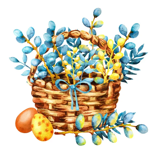 Easter colored eggs and pussy-willow twigs in a wicker basket. Hand watercolor illustration isolated on white background. Design for holiday products, greeting cards, packaging, banner, template. — Stock Photo, Image