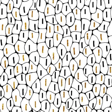 Soyut altın elementlerle kusursuz desen, beyaz arkaplanda mozaik. Çizgilerle çizilmiş karalama çizimi. Tasarım şablonu, kumaş, duvar kağıdı, kapak, paketleme, ambalaj.