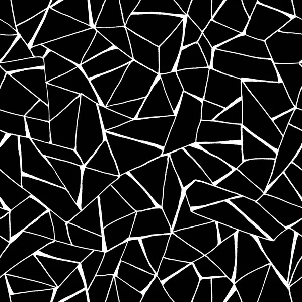 Sömlös mönster med abstrakta enkla element, mosaik på en svart bakgrund. Handritad klotter illustration med linjer. Design mall, tyg, tapet, omslag, förpackning, omslag. — Stockfoto
