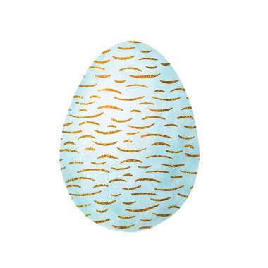 Paskalya ürünlerinin tasarımı için altın desenli beyaz yumurta. El çizimi suluboya ve beyaz arka planda izole edilmiş grafik çizimi. Duvar kağıdına, ambalajına, ambalajına yazdırma.