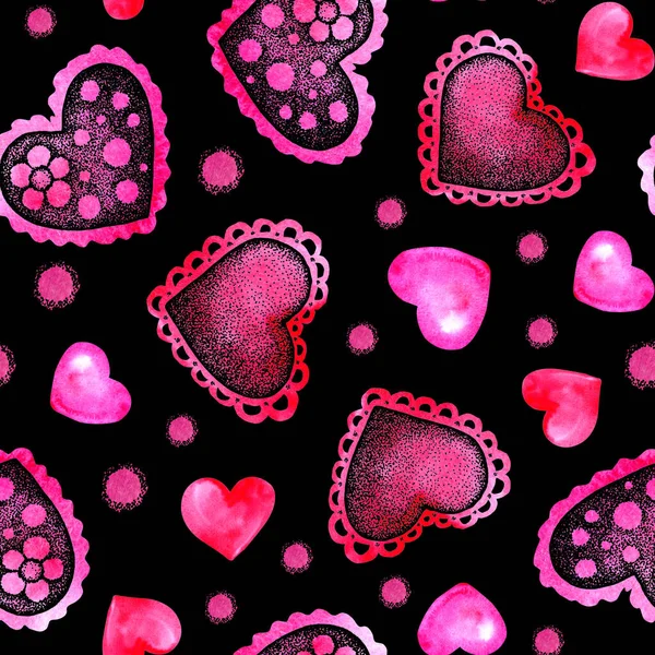 Zökkenőmentes minta rózsaszín elvont szív közelről. Kézi akvarell illusztráció elszigetelt fekete háttér. Termék tervezése Valentin-nap, Tapéta, szövet, textil, csomagolás, csomagolás. — Stock Fotó