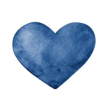 Classic blue abstract heart close up. Hand watercolor illustration isolated on white background. Product design for Valentines Day, wedding, greeting card, invitation, congratulations, print.
