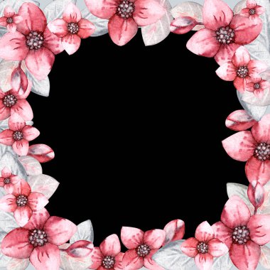 Beyaz arka planda ortanca çiçekleri olan çerçeve. El suluboya çizimi. Kumaş, arkaplan, duvar kağıdı, ambalaj, kapak, davetiye, selamlama için tasarım.