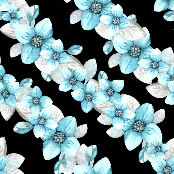 Płynny wzór z kwiatami hortensji na czarnym tle. Ręczna ilustracja akwarela. Projekt tkaniny, tła, tapety, opakowania, opakowania, okładki, zaproszenia, pozdrowienia. — Zdjęcie stockowe