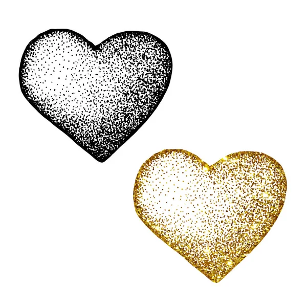 Ensemble de coeur doré et noir avec un motif. Illustration vectorielle main isolée sur fond blanc. Pour la conception de couverture, Saint-Valentin, impression, carte de visite, icône, modèle . — Image vectorielle