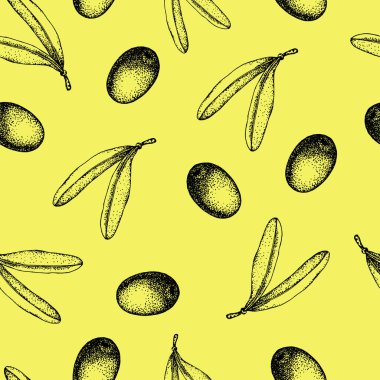 Sarı arka planda izole edilmiş siyah ve yeşil zeytin dallarının kusursuz deseni. Zeytin yağı, doğal kozmetik ürünleri, sağlık ürünleri için tasarım