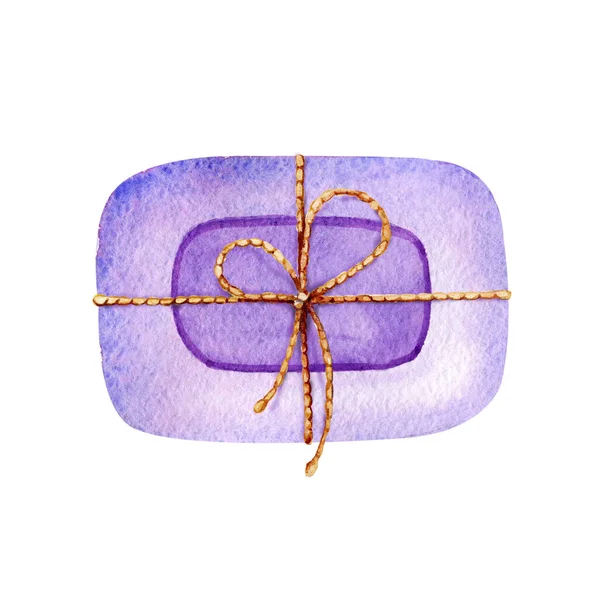 Lavender soap tied with a scourge, ribbon. Hand watercolor illustration isolated on white background close-up. Design for banner, template, advertisement, label, packaging, wrapper. — 스톡 사진