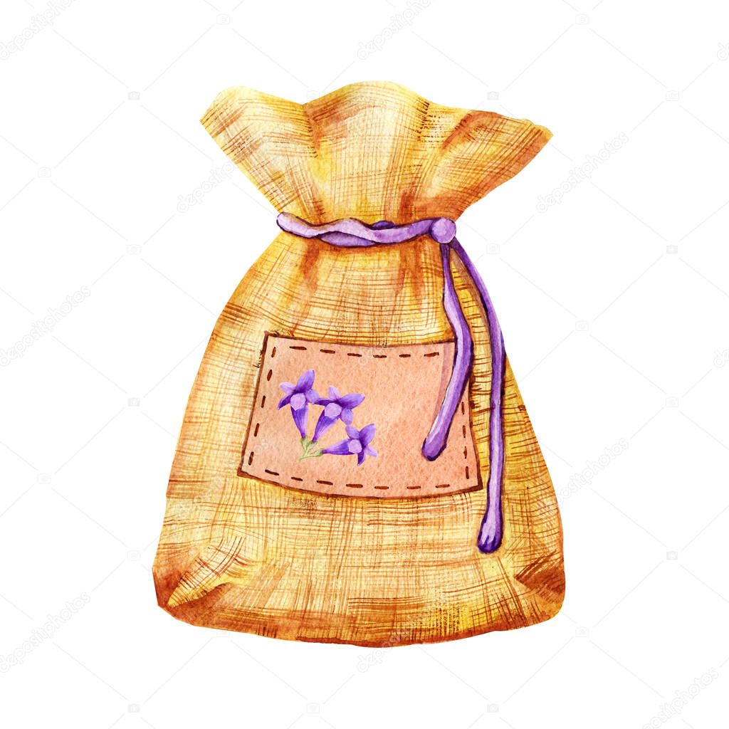 Sack of cloth with lavender flowers, tied with a rope. Hand made watercolor and graphic illustration isolated on white background for design of coffee concept.
