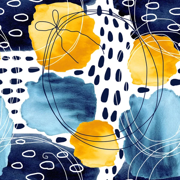抽象的な青と黄色の斑点や円とシームレスなパターン。デザインの背景、テンプレート、カバー、壁紙、パッケージ、ラッパーのための手描き水彩イラスト. — ストック写真