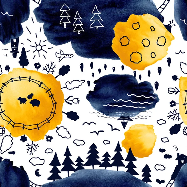 Płynny wzór z abstrakcyjnym wzorem lasu, morza, nieba, planety, deszczu. Żółte i niebieskie ręcznie rysowane plamy akwarelowe. Projektowanie wyrobów dla dzieci, pieluch, tapet, opakowań, kamizelek, tkanin. — Zdjęcie stockowe