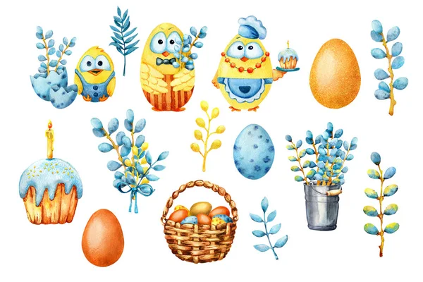 Easter set with colorful eggs, cartoon chickens, willow, Easter cake, bouquet. Hand watercolor illustration isolated on white background. Design for holiday products, packaging, banner, template. — Stock Photo, Image