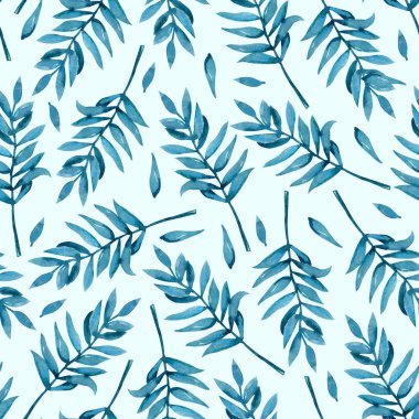 Bahar söğüt dallarıyla kusursuz desen. Mavi arka planda elle çizilmiş suluboya çizimi. Tasarım Paskalya ürünleri, duvar kağıtları, kapaklar, ambalajlar, kumaşlar, baskılar.