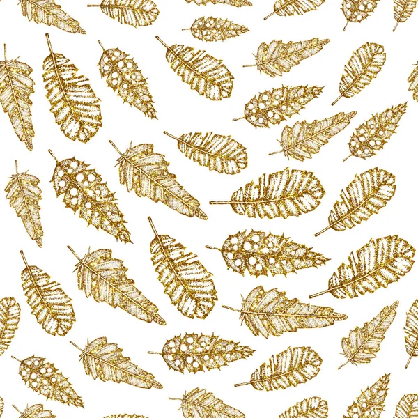 Sömlös mönster med spets guld fjäder av en fågel. Handritad akvarell illustration på en vit bakgrund. Design påsk produkter, tapeter, omslag, förpackning, omslag, tyger, tryck. — Stockfoto