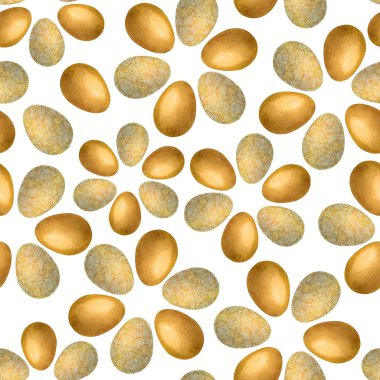 Paskalya yumurtasıyla kusursuz desen. Beyaz arka planda elle çizilmiş suluboya çizimi. Paskalya ürünleri, duvar kağıtları, kapaklar, ambalajlar, ambalajlar, kumaşlar tasarla.