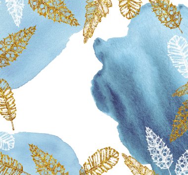 Suluboya lekelerinde altın tüyler. Beyaz arka planda elle çizilmiş suluboya çizimi. Tatil ürünleri için tasarım, şablon, selamlama, kapak.