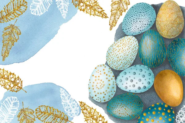 Húsvéti szett madártollakkal és mintás tojásokkal. Kézzel rajzolt akvarell illusztráció elszigetelt fehér háttér. Ünnepi termékek tervezése, sablon, üdvözlet, borító. — Stock Fotó