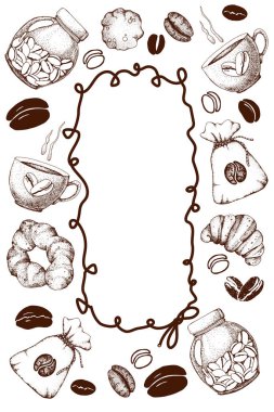 Kahve öznitelikli vektör illüstrasyonu- bardakta içki, tahıl, bardak, çaydanlık, kruvasan, kavanoz. Tasarım menüsü, kafe, restoran, karatahta, reklam, arkaplan