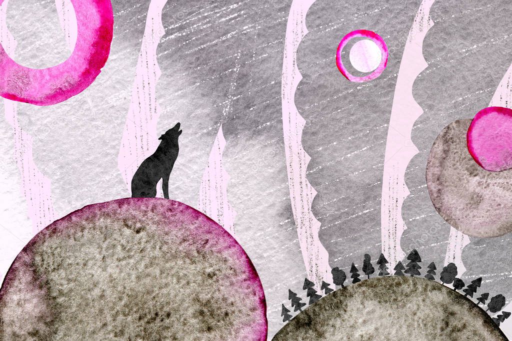 Wolf yearns and howls at the full moon. Mystical mountain and forest landscape. Abstract collage from hand made watercolor illustration. Design background, banner, cover, postcard.