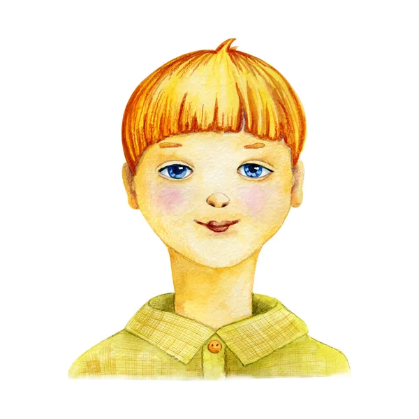 Portret van een jongen met blauwe ogen en blond haar. Hand close-up aquarel illustratie geïsoleerd op witte achtergrond. Ontwerp van kinderartikelen, banner, bedrukking, sjabloon, omslag, ansichtkaart. — Stockfoto