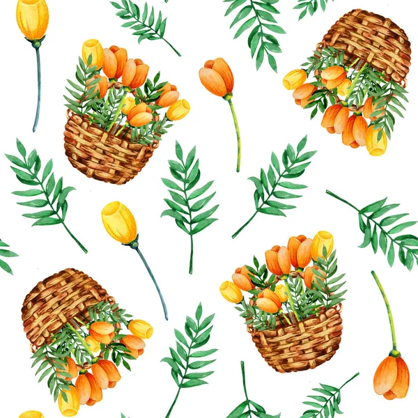 Naadloos patroon met lentebloemen tulpen in een mandje. Met de hand getekende aquarelillustratie op een witte achtergrond. Ontwerp Pasen producten, wallpapers, covers, verpakking, wrappers, stoffen. — Stockfoto