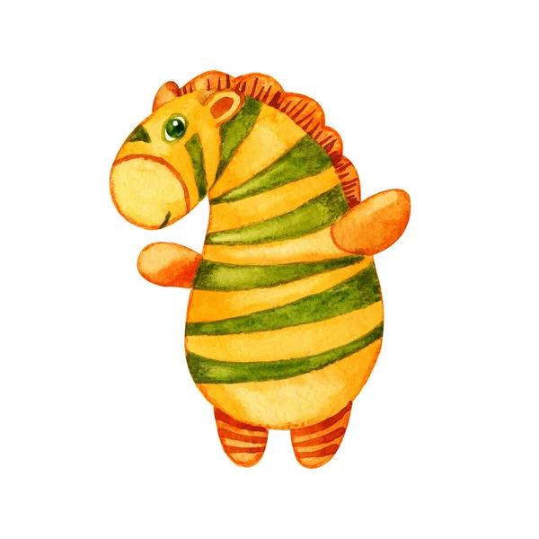 Cartoon shy striped zebra. Hand closeup watercolor illustration isolated on white background. Bright green-orange pattern for the design of children's products. — 스톡 사진