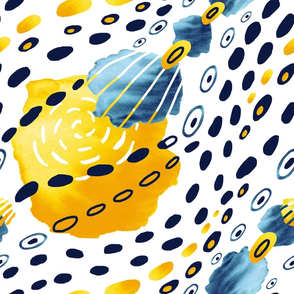 Płynny wzór z abstrakcyjnymi niebieskimi i żółtymi plamkami i kółkami. Ręcznie rysowane ilustracja akwarela dla tła projektu, szablon, okładka, tapety, opakowanie, opakowanie. — Zdjęcie stockowe