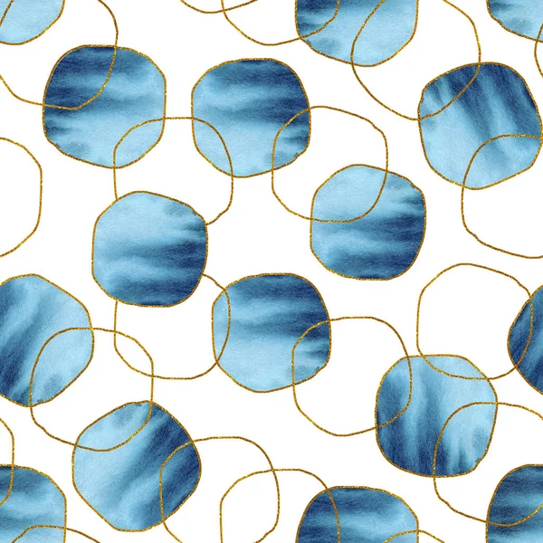 Modèle géométrique sans couture avec des taches bleues abstraites et des cercles. Illustration aquarelle dessinée à la main pour fond de conception, modèle, couverture, papier peint, emballage, emballage . — Photo