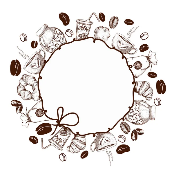 Vector illustratie met koffie attributen -kopje met drank, graan, mok, theepot, croissant, pot. Collectie voor designmenu, cafe, restaurant, schoolbord, reclame, achtergrond — Stockvector