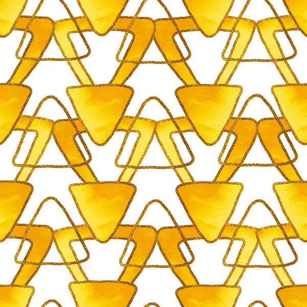 Naadloos geometrisch patroon met abstracte gele driehoekige vlekken en gouden lijnen. Handgetekende aquarel illustratie voor ontwerp achtergrond, sjabloon, omslag, behang, verpakking, wrapper. — Stockfoto