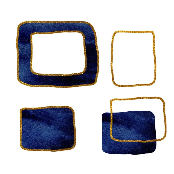 Геометрические формы, синий прямоугольник с золотым штрихом изолированы на белом фоне. Ручной рисунок акварелью для оформления фона, шаблона, обложки, обоев, упаковки, обертки . — стоковое фото