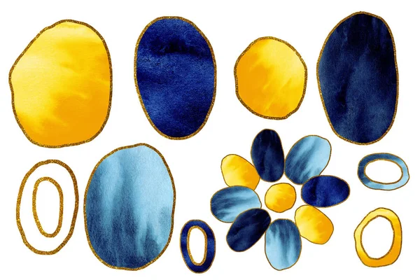 Geometrische vormen, blauwe en gele cirkels met een gouden streep geïsoleerd op een witte achtergrond. Handgetekende aquarel illustratie voor ontwerp achtergrond, sjabloon, behang, verpakking, wrapper. — Stockfoto