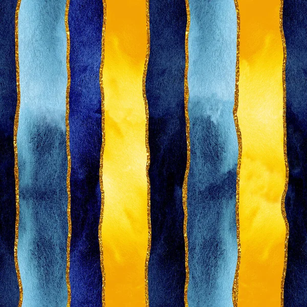 Naadloos patroon met abstracte blauwe en gele strepen en gouden lijnen. Handgetekende aquarel illustratie voor ontwerp achtergrond, sjabloon, omslag, behang, verpakking, wrapper. — Stockfoto